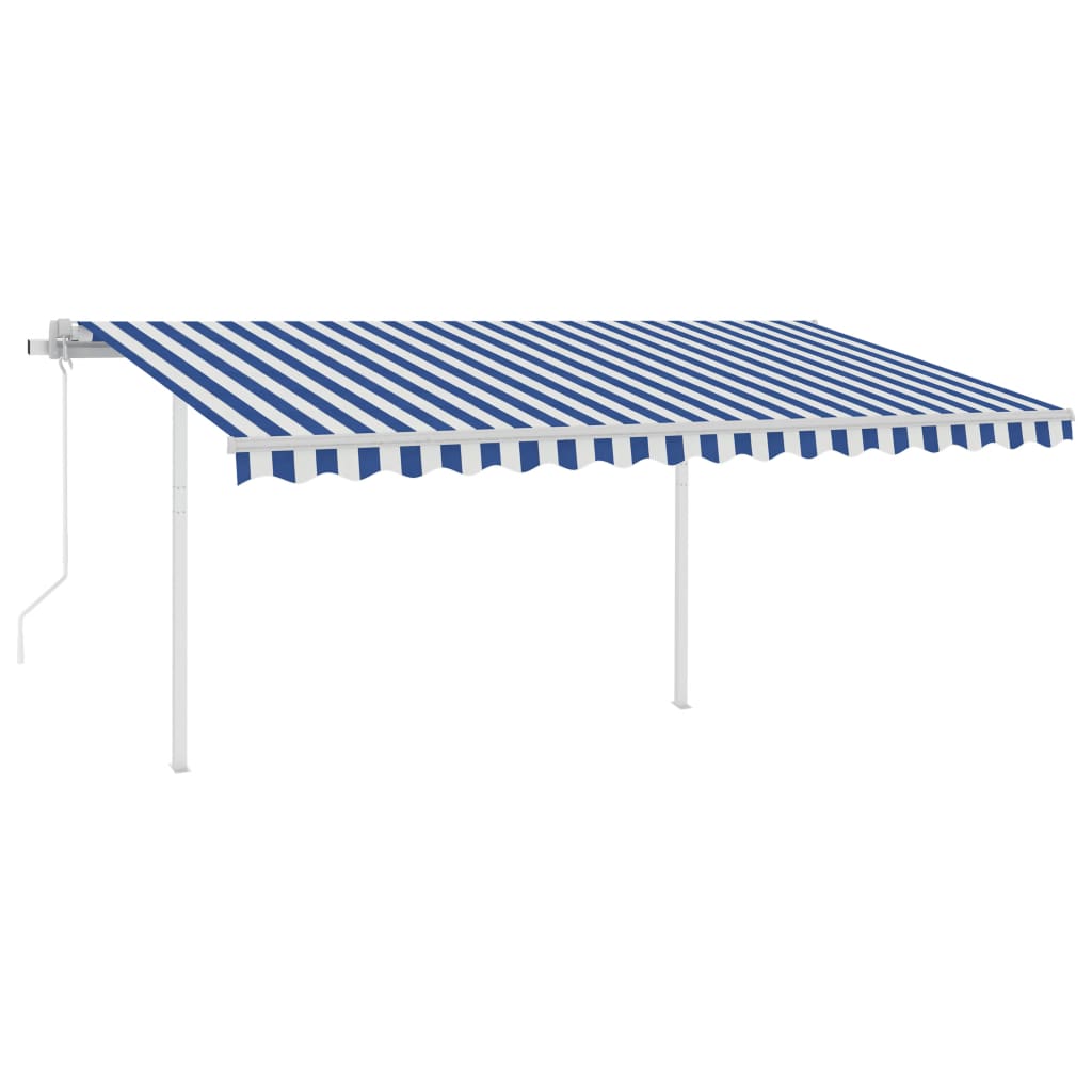 Automatic retractable awning with poles 4x3.5 m blue and white