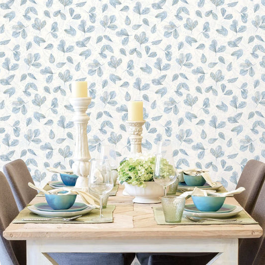 Evergreen Wallpaper Leaves white and blue