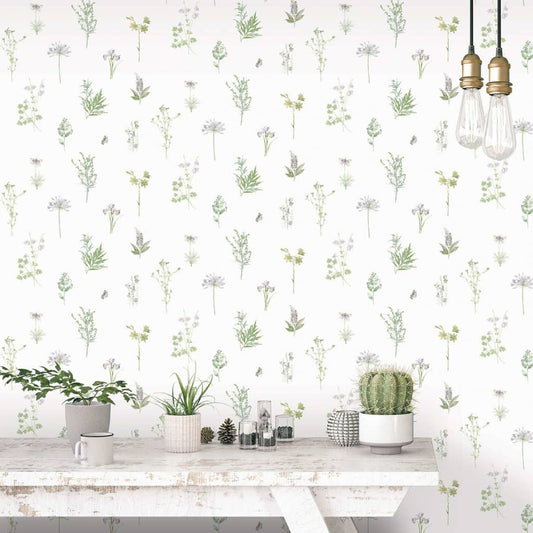 Evergreen Wallpaper Herbs And Flowers white