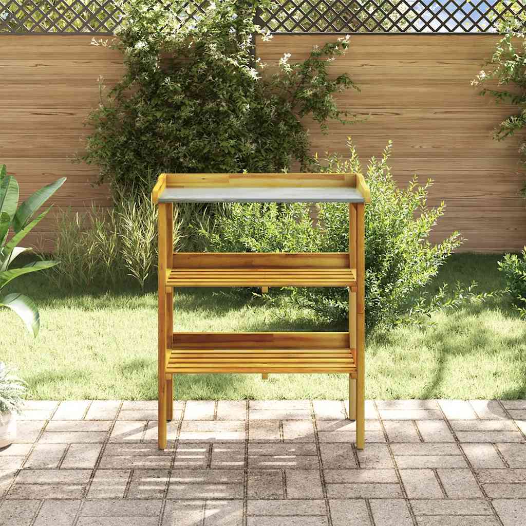 Plant bench with 2 shelves, solid acacia wood and zinc