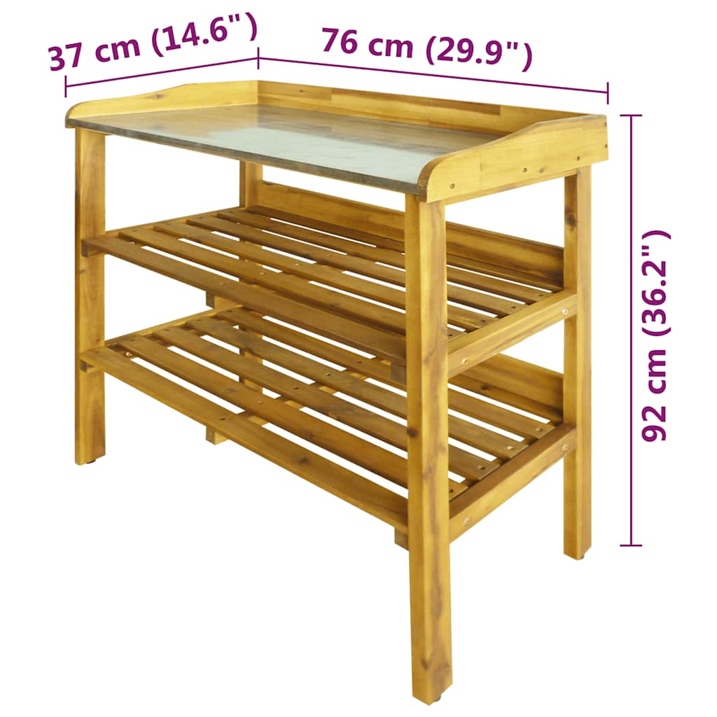 Plant bench with 2 shelves, solid acacia wood and zinc