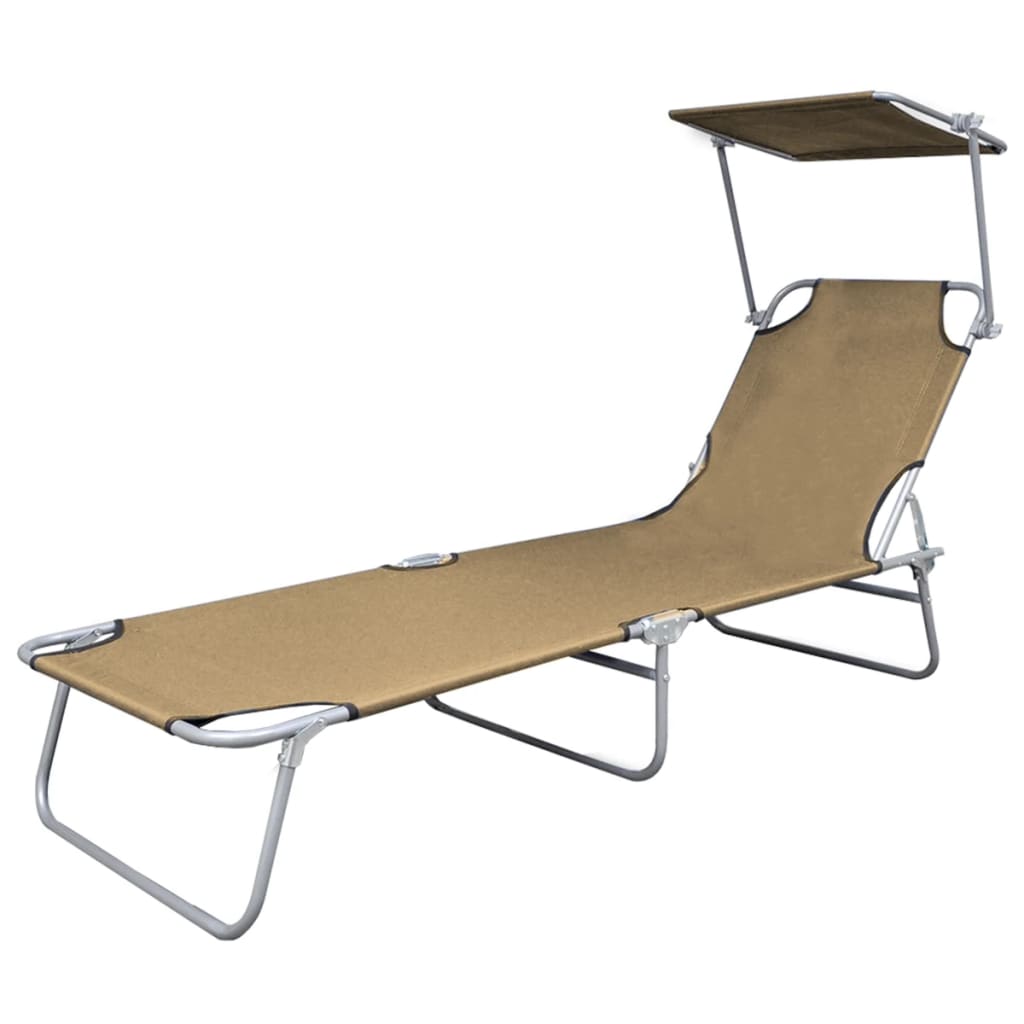 Folding sun lounger with sunshade steel grey-brown