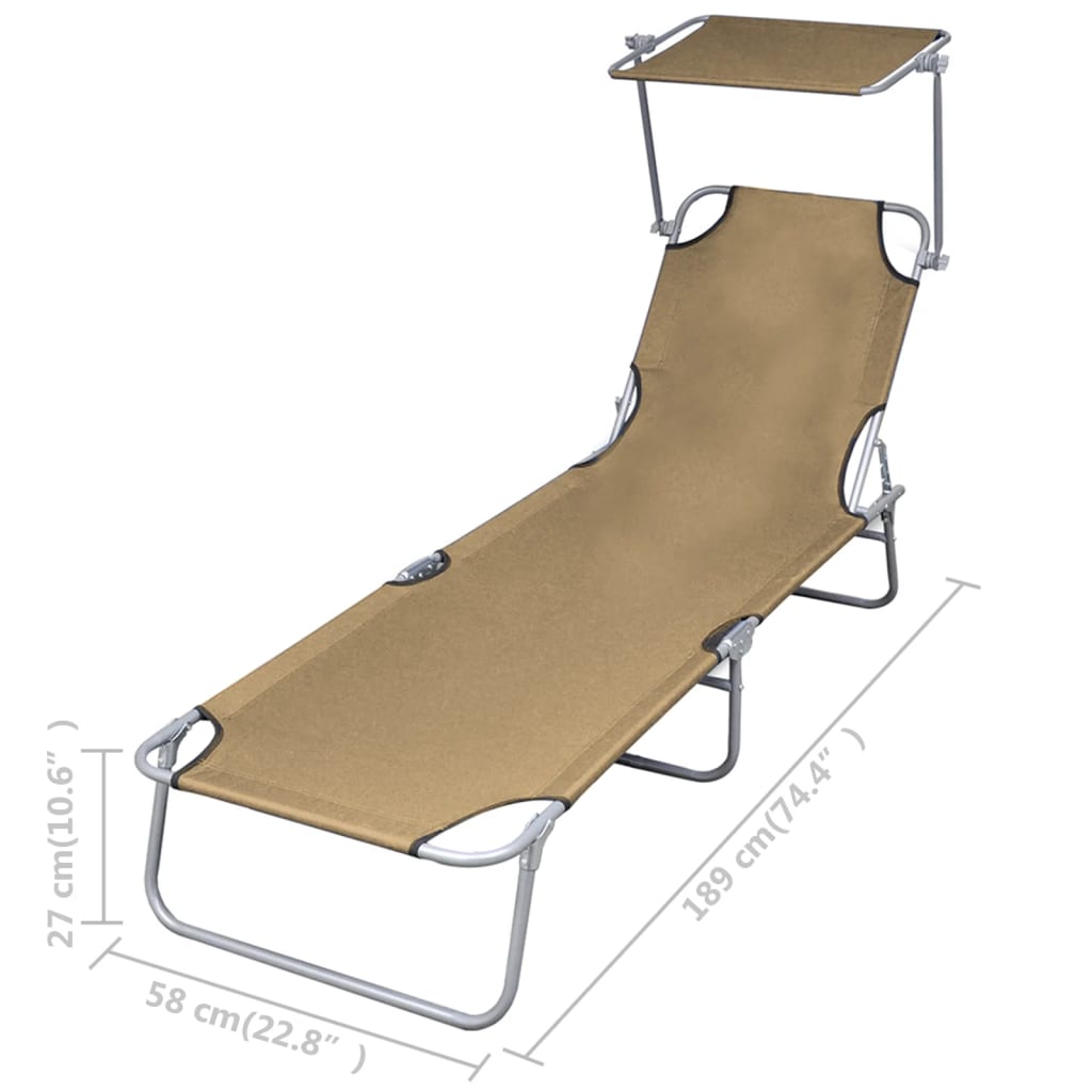 Folding sun lounger with sunshade steel grey-brown