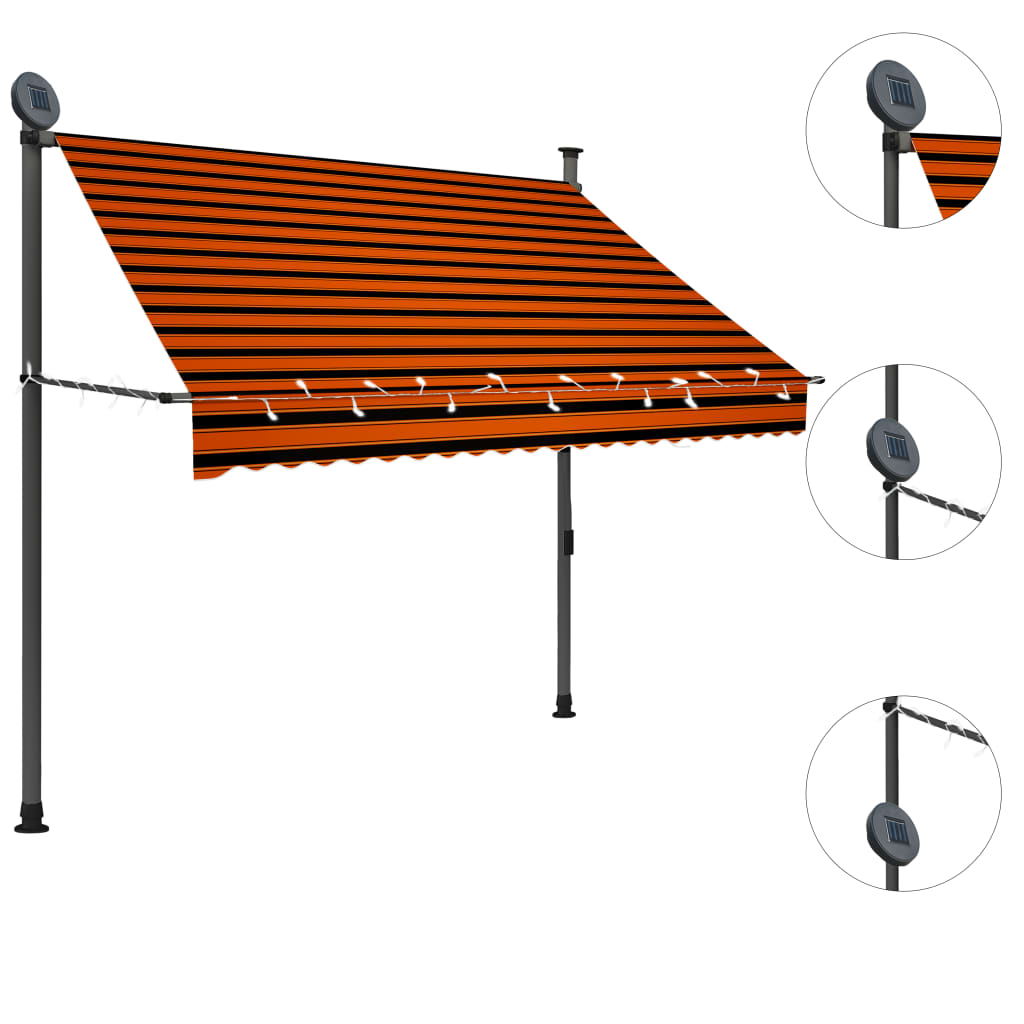 Manual retractable awning with LED 200 cm orange and brown