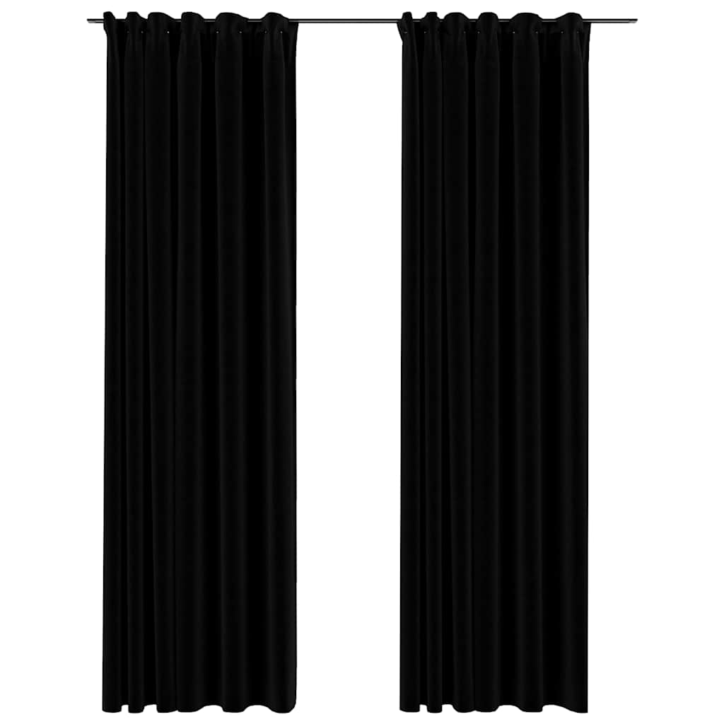 Blackout curtains hooks and linen design 2 pieces black 140x225 cm