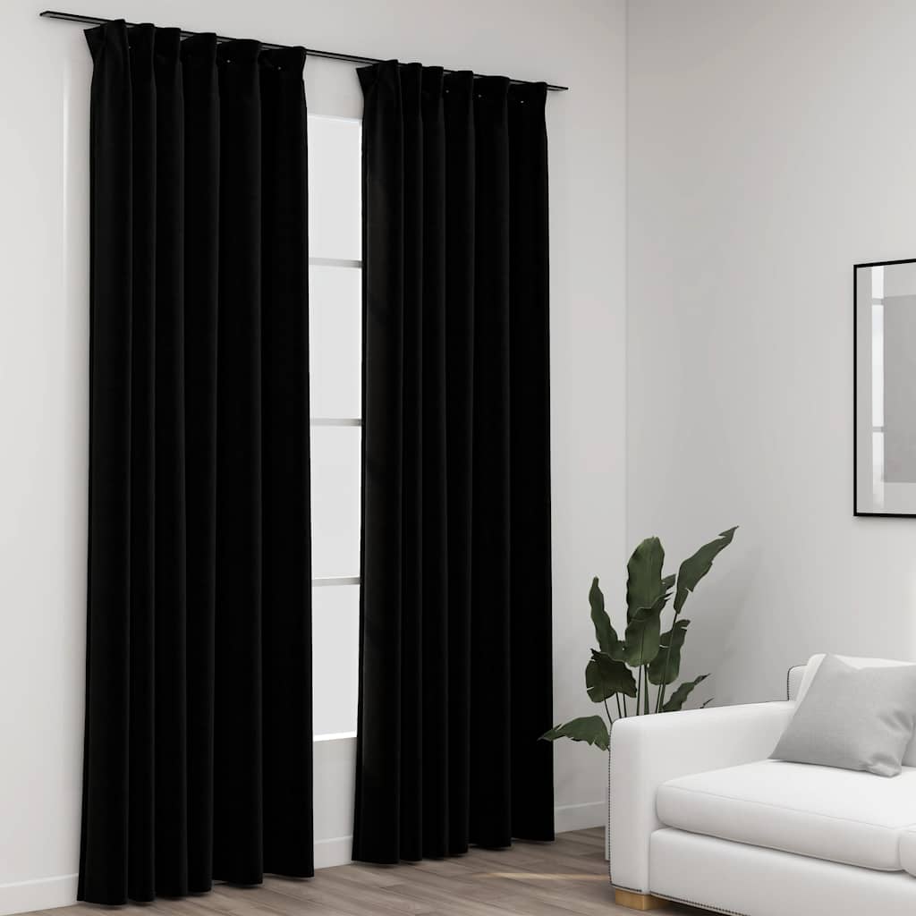 Blackout curtains hooks and linen design 2 pieces black 140x225 cm