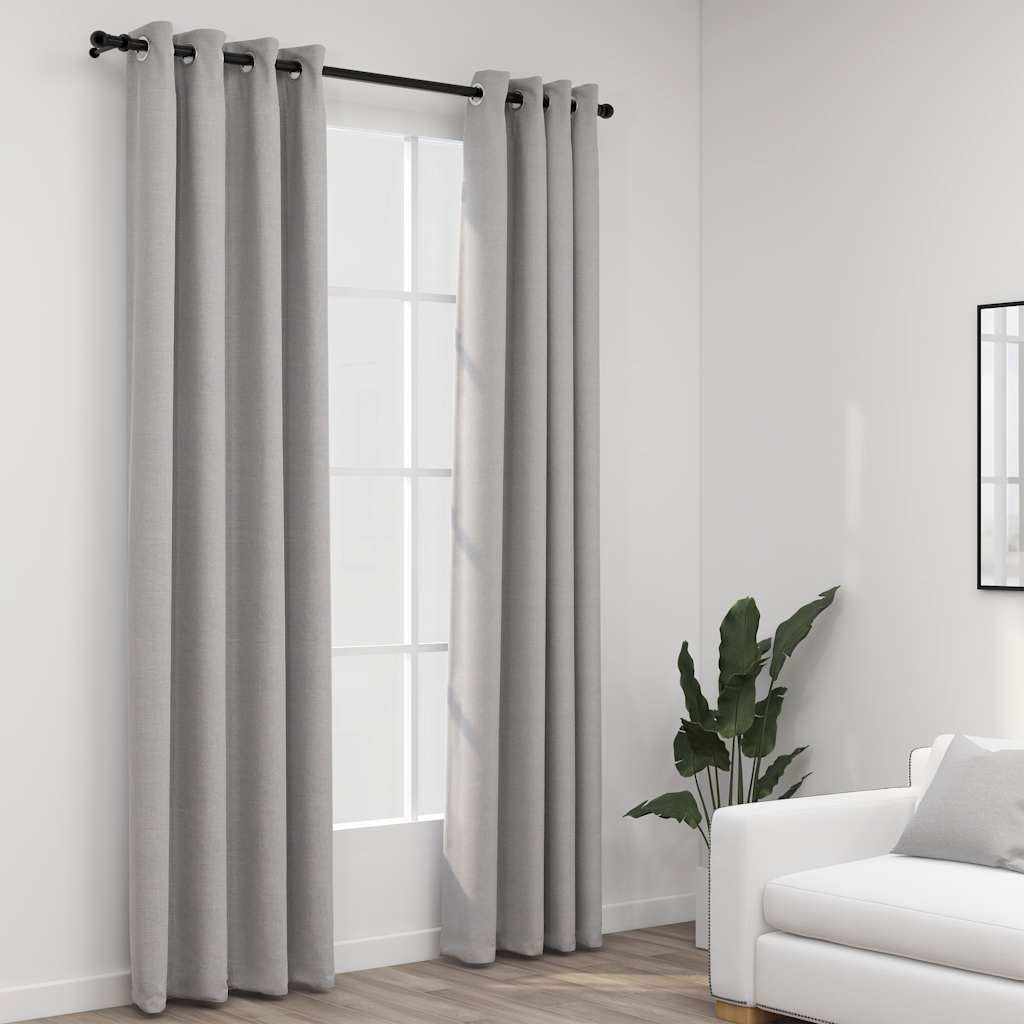 Blackout curtains with eyelets and linen design, 2 pieces, grey, 140x225 cm