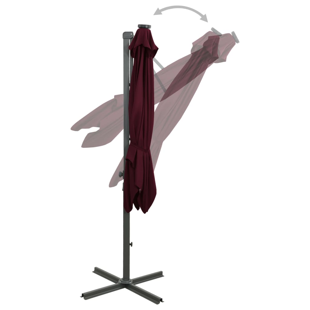 Hanging garden parasol with pole and LED light, wine red, 300 cm