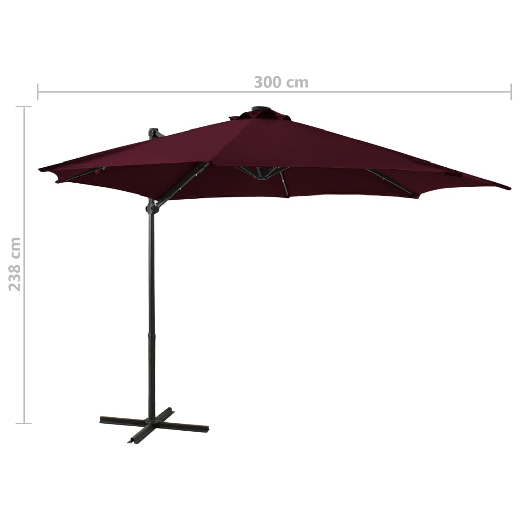 Hanging garden parasol with pole and LED light, wine red, 300 cm