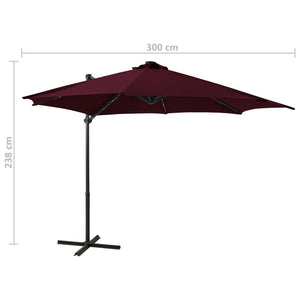 Hanging garden parasol with pole and LED light, wine red, 300 cm