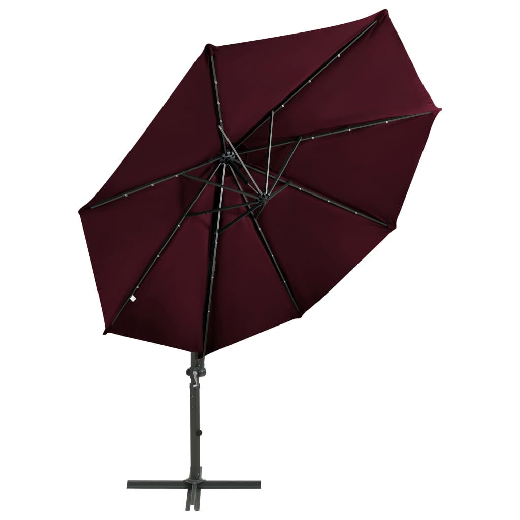 Hanging garden parasol with pole and LED light, wine red, 300 cm