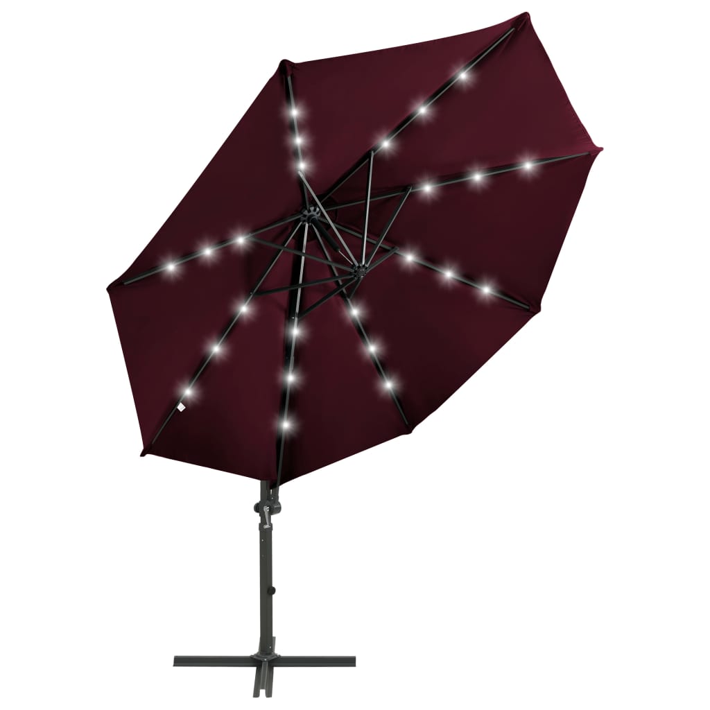 Hanging garden parasol with pole and LED light, wine red, 300 cm
