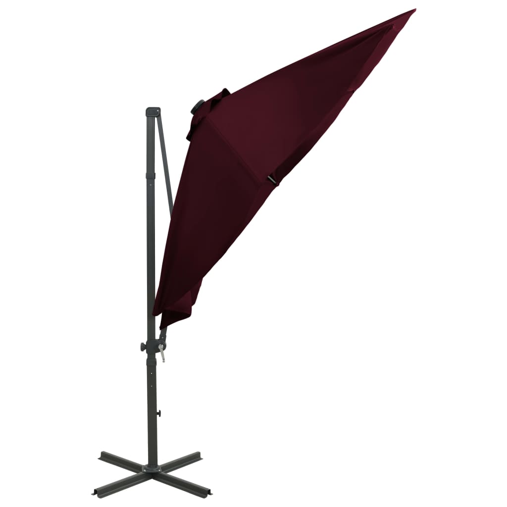 Hanging garden parasol with pole and LED light, wine red, 300 cm