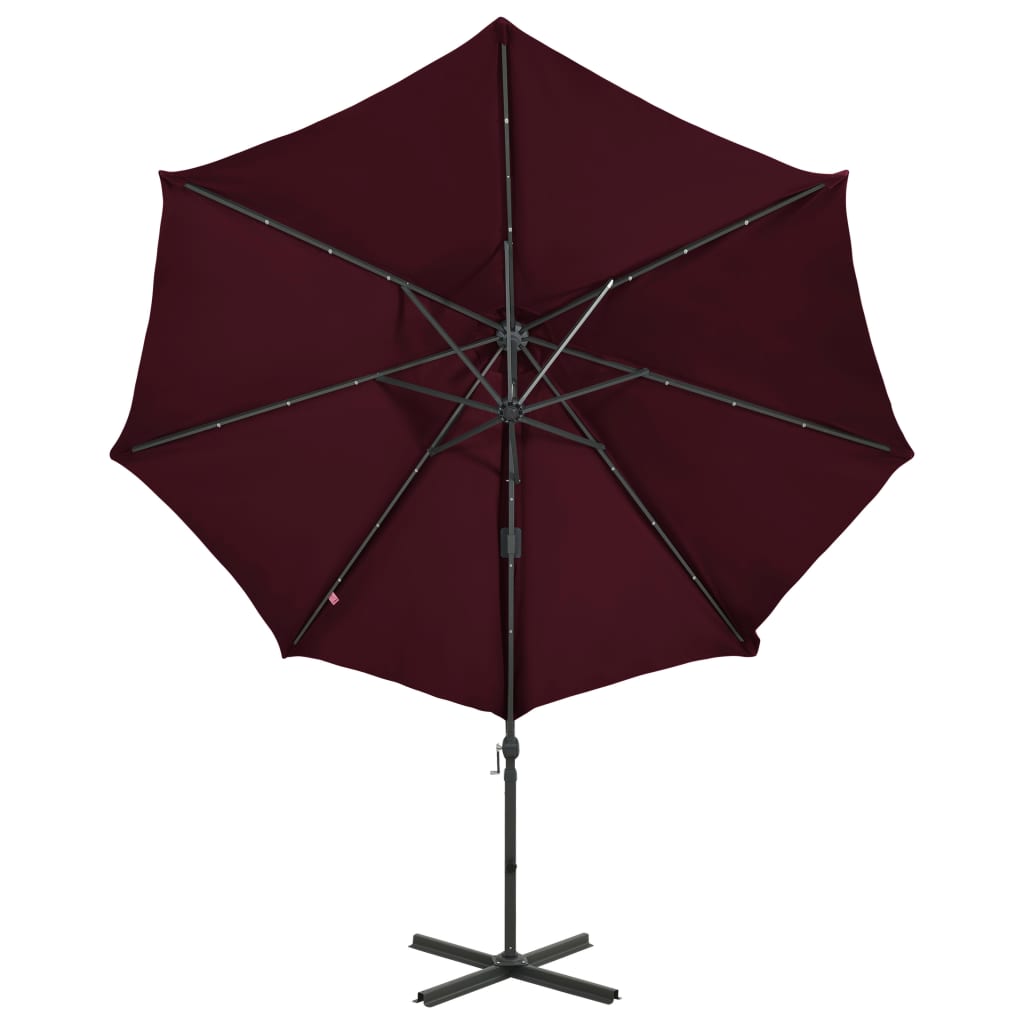 Hanging garden parasol with pole and LED light, wine red, 300 cm