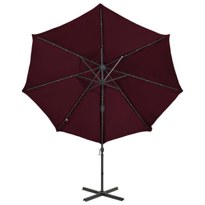 Hanging garden parasol with pole and LED light, wine red, 300 cm