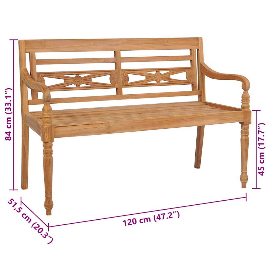 Batavia bench with red cushions 120 cm solid teak
