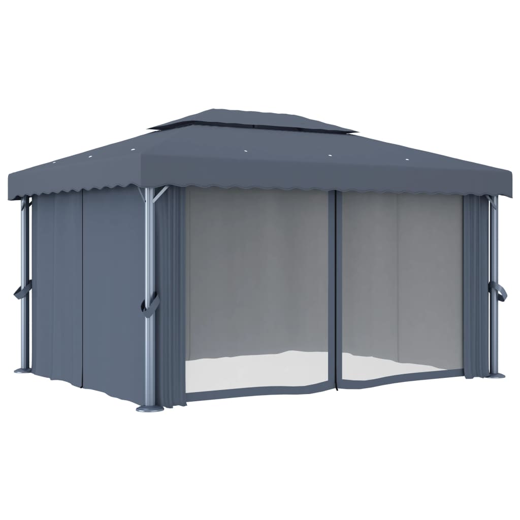 Pavilion with curtain and LED string lights 4x3 m anthracite