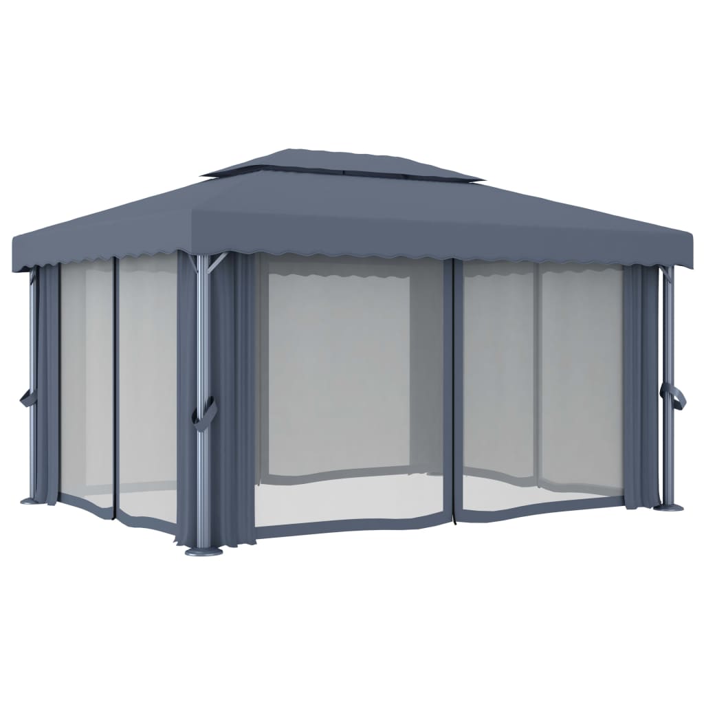 Pavilion with curtain and LED string lights 4x3 m anthracite