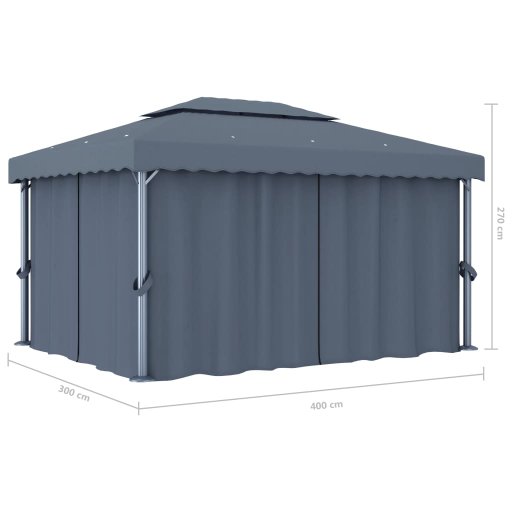 Pavilion with curtain and LED string lights 4x3 m anthracite