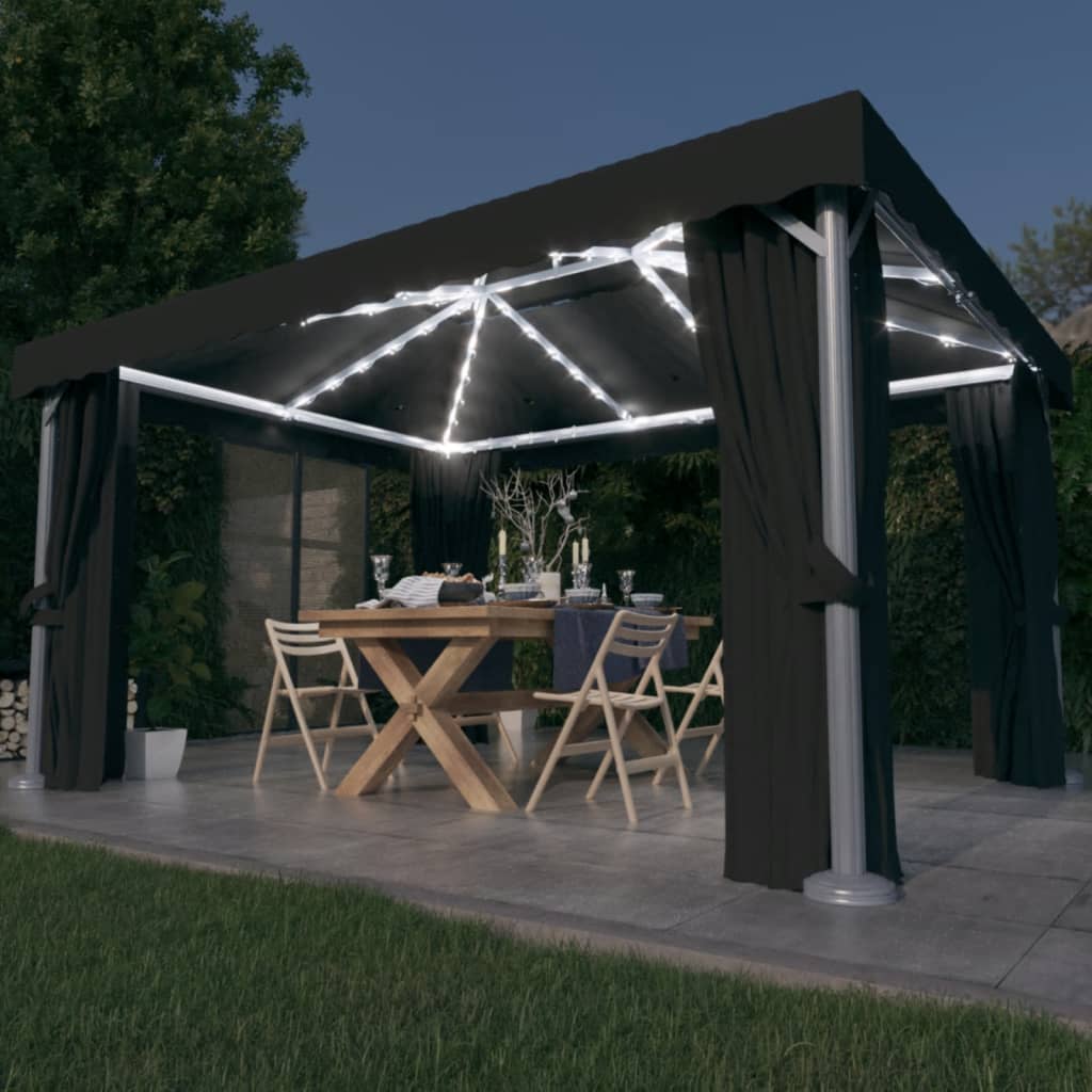 Pavilion with curtain and LED string lights 4x3 m anthracite