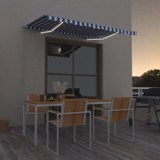 Manual retractable awning with LED 300x250 cm blue and white
