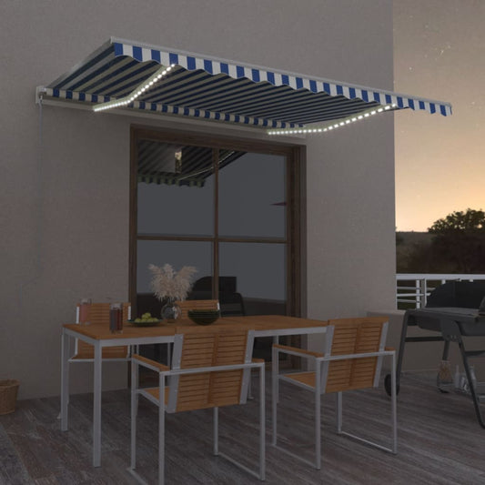 Manual retractable awning with LED 400x350 cm blue and white