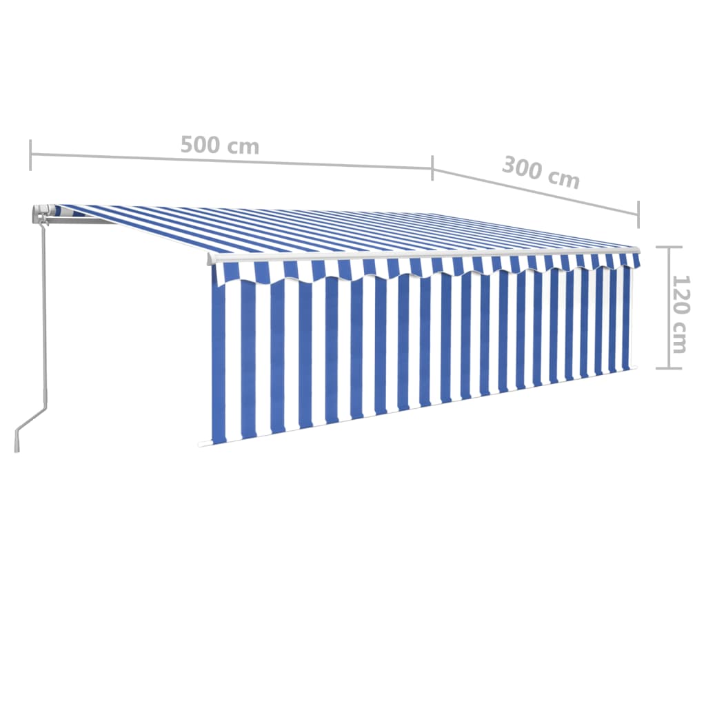 Manual retractable awning with roller blind 5x3 m blue and white