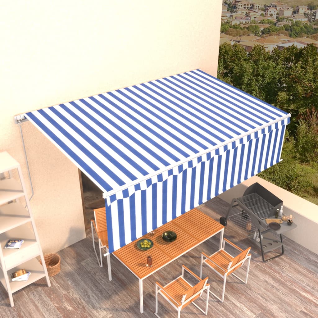 Manual retractable awning with roller blind 5x3 m blue and white