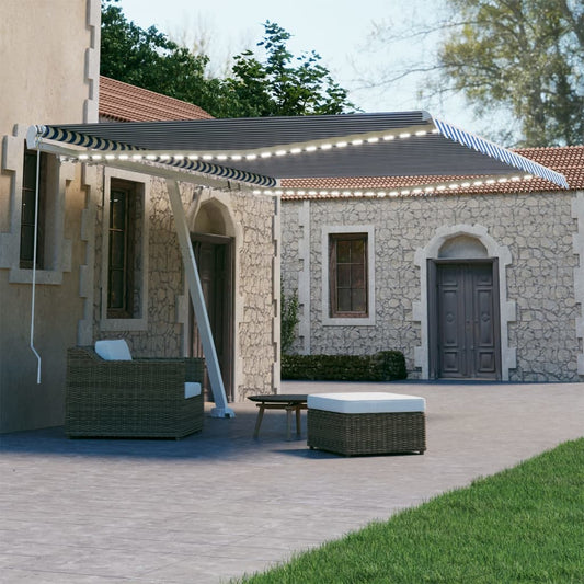 Manual retractable awning with LED 450x300 cm blue and white