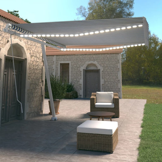 Manual retractable awning with LED 400x350 cm blue and white