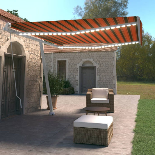 Manual retractable awning with LED 400x350 cm orange and brown