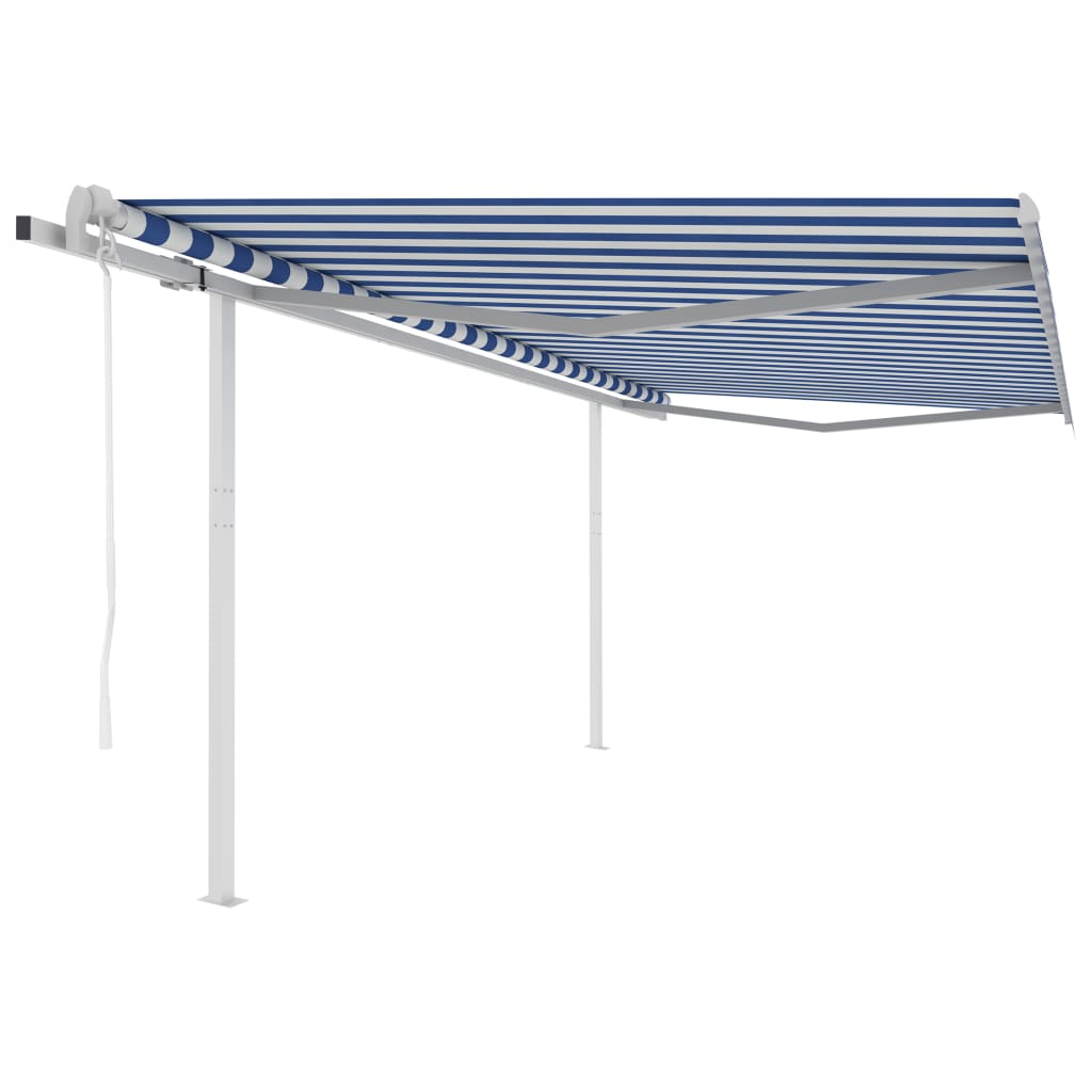 Automatic retractable awning with poles 4x3.5 m blue and white