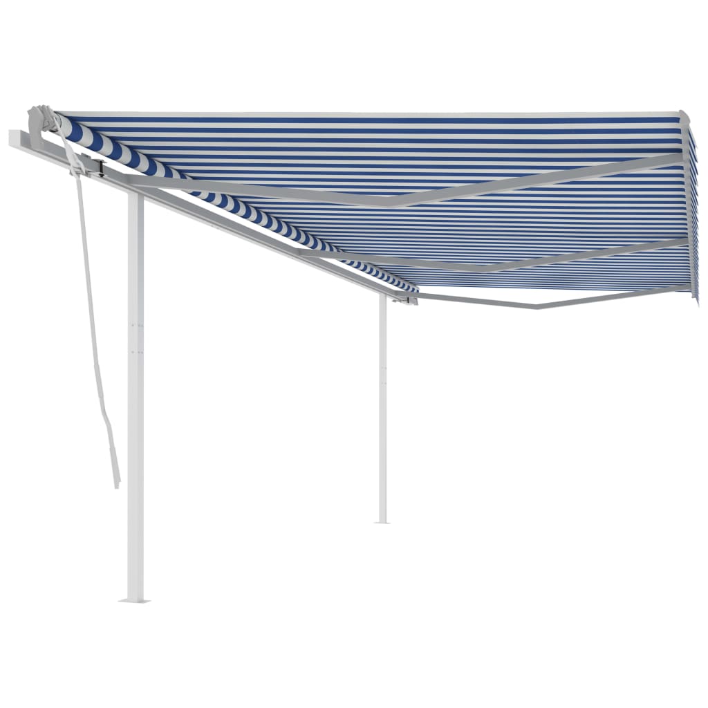 Manual retractable awning with poles 6x3.5 m blue and white