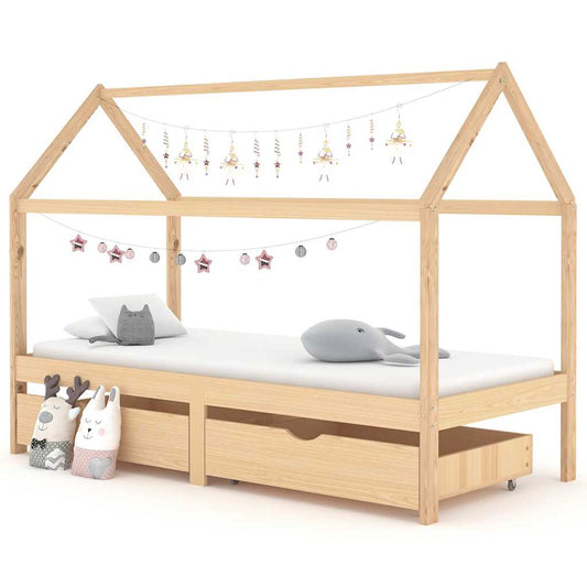 Children's bed frame with drawers, solid pine wood, 90x200 cm