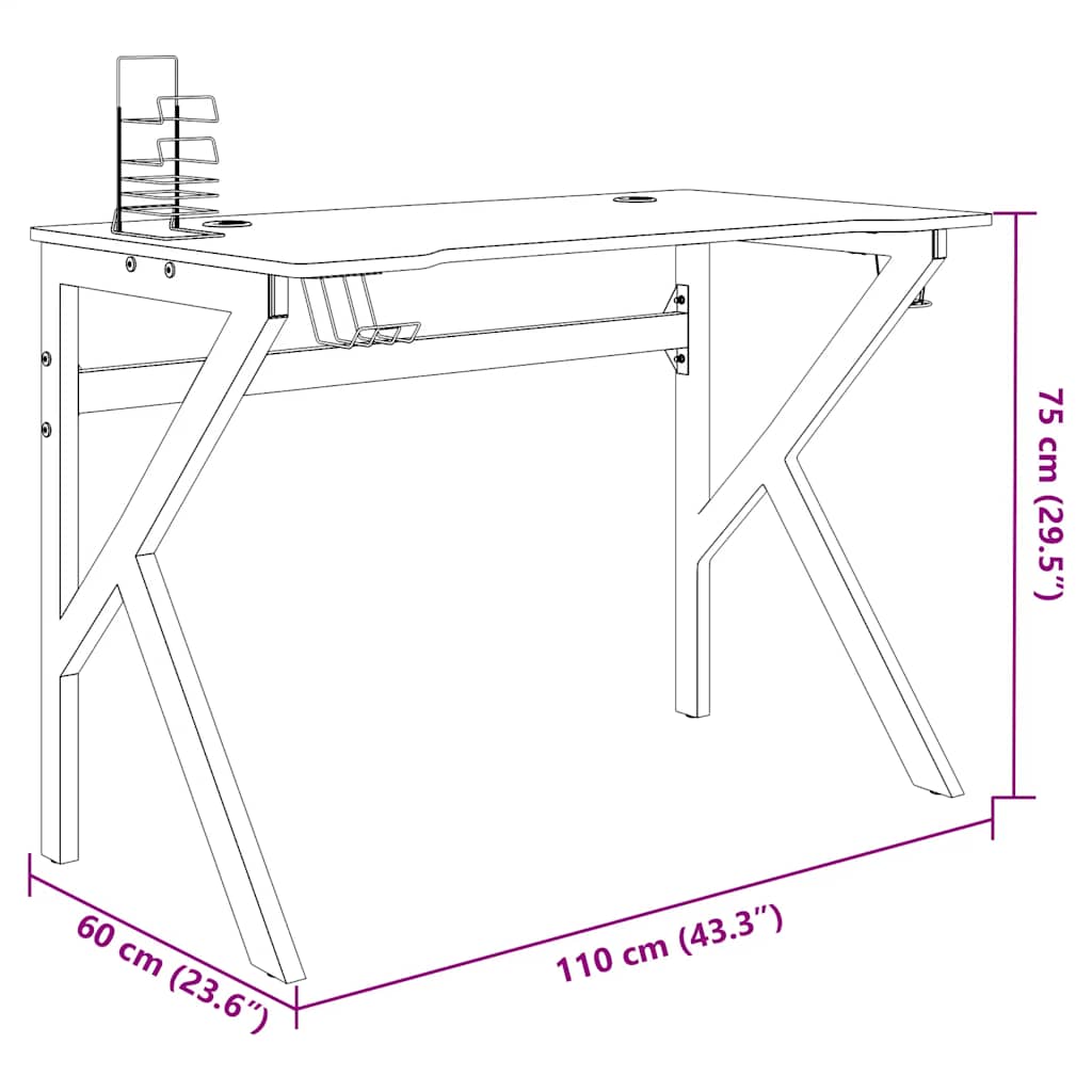 Game table with K-shaped legs black 110x60x75 cm