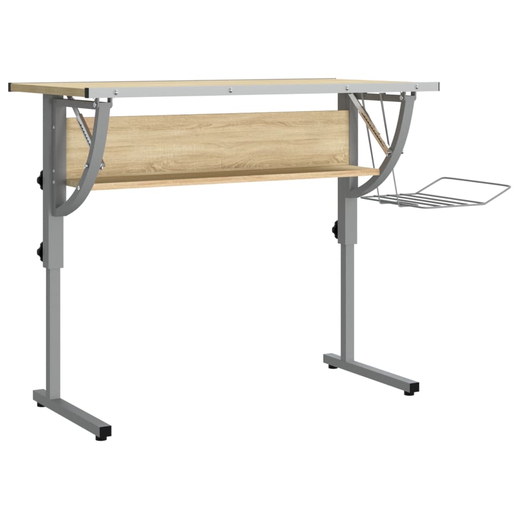 Work desk 110x53x(58-87) oak and gray engineered wood and steel