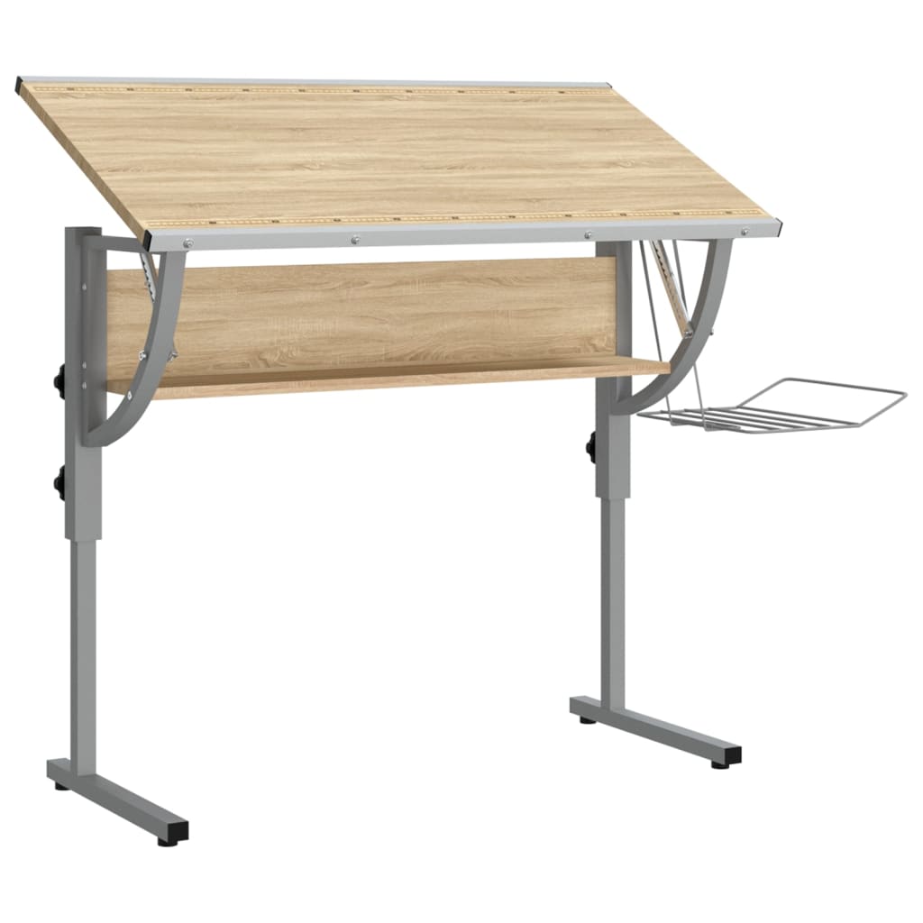 Work desk 110x53x(58-87) oak and gray engineered wood and steel