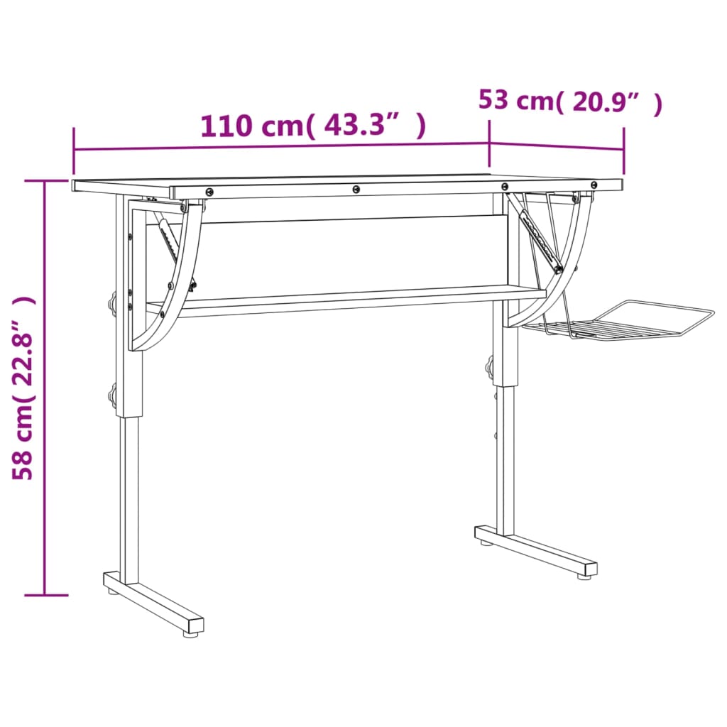 Work desk 110x53x(58-87) oak and gray engineered wood and steel