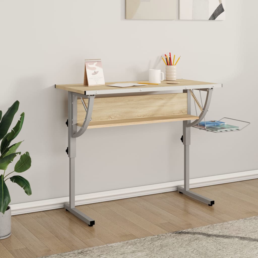 Work desk 110x53x(58-87) oak and gray engineered wood and steel