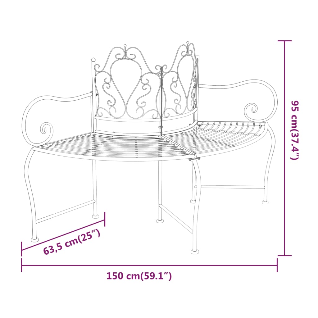 Bench round wood 150 cm black steel