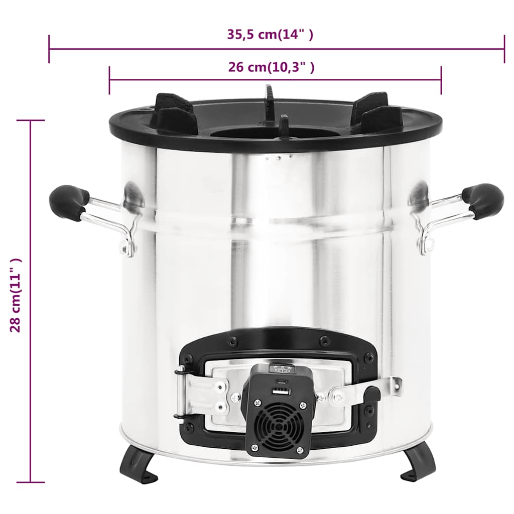Wood stove with USB fan silver 35.5x26x28 cm stainless steel