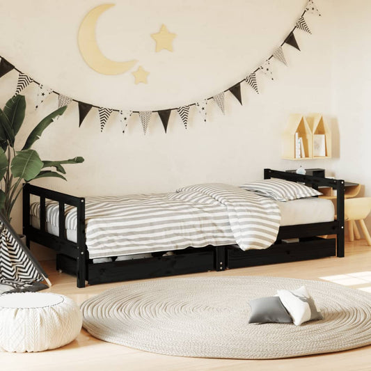 Children's bed frame with drawers black 90x200 cm solid pine wood