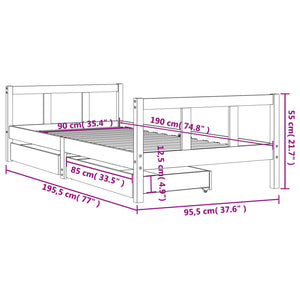 Children's bed frame with drawers black 90x190 cm solid pine wood