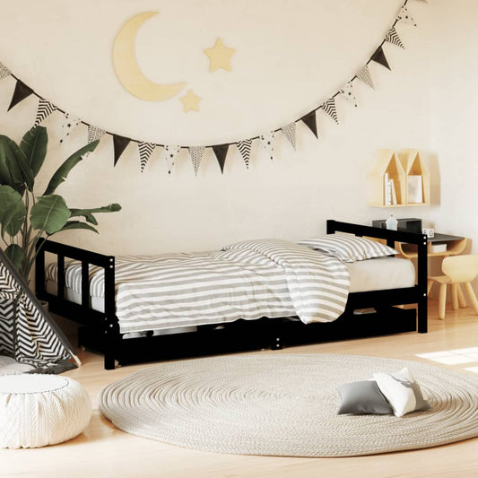 Children's bed frame with drawers black 90x190 cm solid pine wood