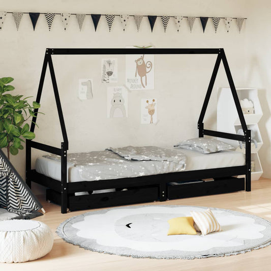 Children's bed frame with drawers black 90x200 cm solid pine wood