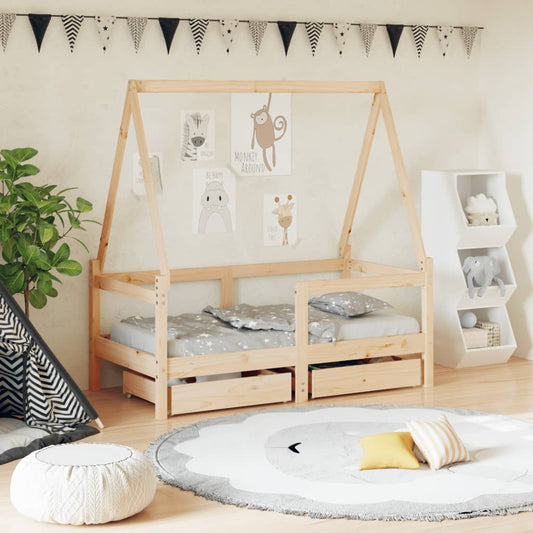 Children's bed frame with drawers 70x140 cm solid pine wood