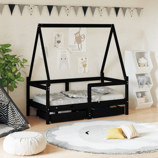 Children's bed frame with drawers black 70x140 cm solid pine wood