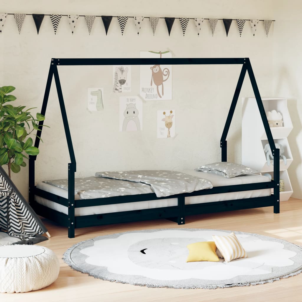 Children's bed frame black 80x200 cm solid pine wood