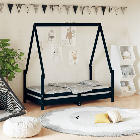 Children's bed frame black 70x140 cm solid pine wood