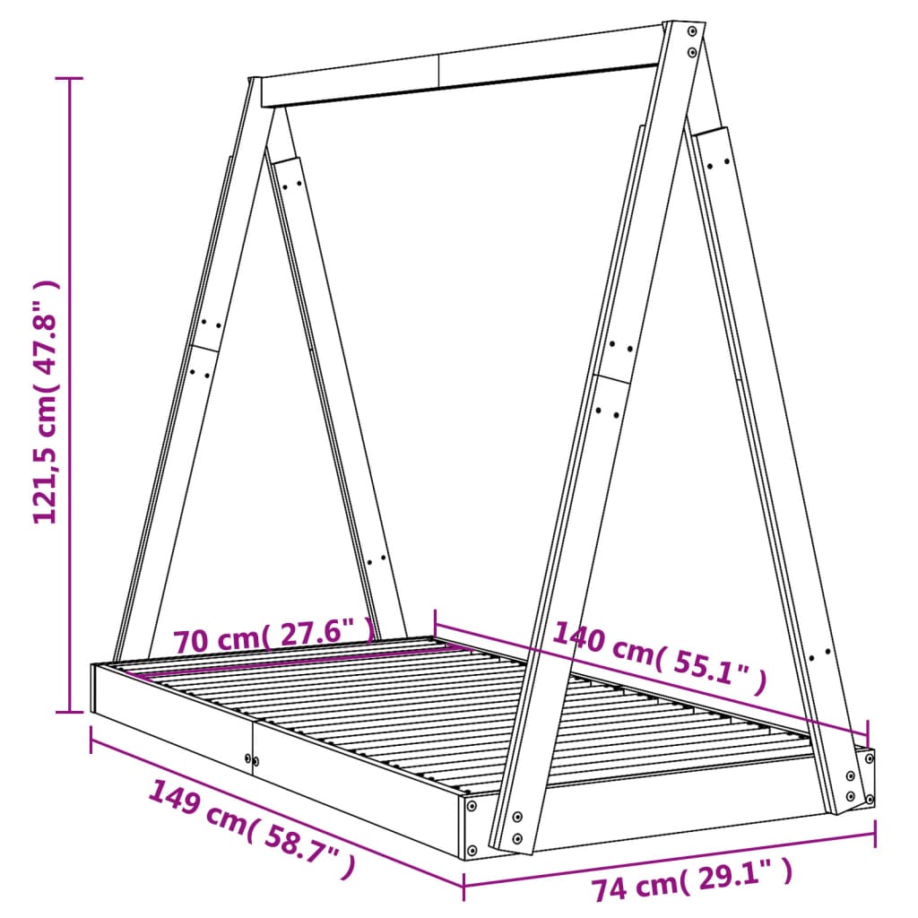 Children's bed frame black 70x140 cm solid pine wood